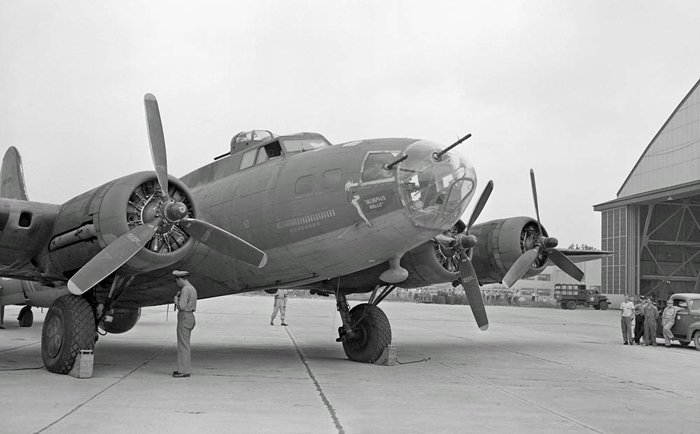 The famous B-17 "Memphis Belle" visits NACA in 1943 after her return to the United States. (NASA Photograph.)