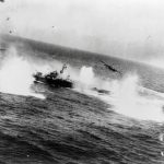 A pair of North American B-25 Mitchells attack a Japanese frigate in the South China Sea in the last year of World War II. (U.S. Library of Congress Photograph.)