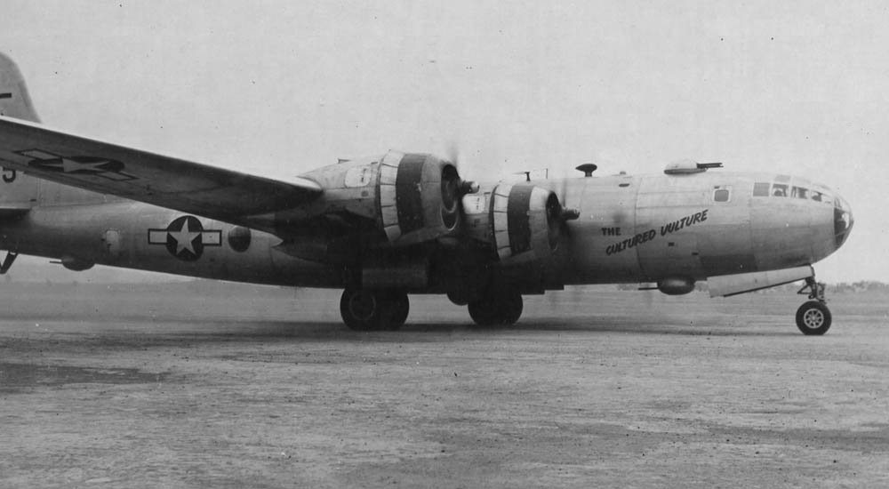 B-29 Superfortress, The Cultured Vulture, from the 39th Bomb Squadron, 6th Bomb Group photographed on Iwo Jima in March 1945. (U.S. Air Force Photograph.)