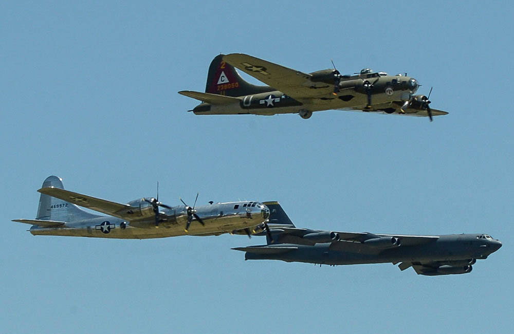 A B-17 Flying Fortress, B-29 Superfortress, and B-52 Stratofortress fly overead in formation at the 2017 Barksdale Air Force Base Airshow. (U.S. Air Force Photograph, Sr Airman Curt Beach.)