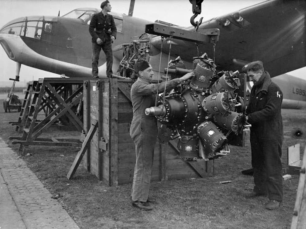 A Bristol Taurus VI engine is removed from a Bristol Beaufort Mark I of No. 217 Squadron RAF at St Eval, Cornwall. (Imperial War Museums Photograph.)