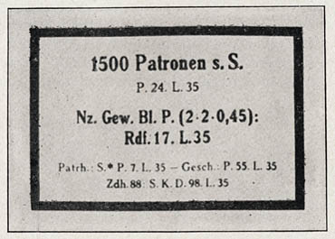 [Figure 91. Label for case of 1,500 rounds of heavy, pointed ball ammunition (Patronen s. S., Patronen schweres Spitzgeschoss). (The label is white with black printing.)]