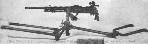 [Figure 182. Model 92 (1932) 7.7-mm heavy machine gun--showing carrying handles and ammunition strip.]