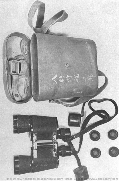 [Figure 283. Japanese binoculars, filters, and carrying case. These binoculars have a 7 X magnification and a 7.1° field of view. Special color filters may be fitted over the eyepieces.]
