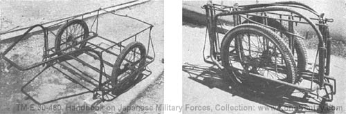 [Figure 405. Collapsible hand cart of metal construction weighing 100 pounds. It may be pulled by hand or towed by bicycle. ]
